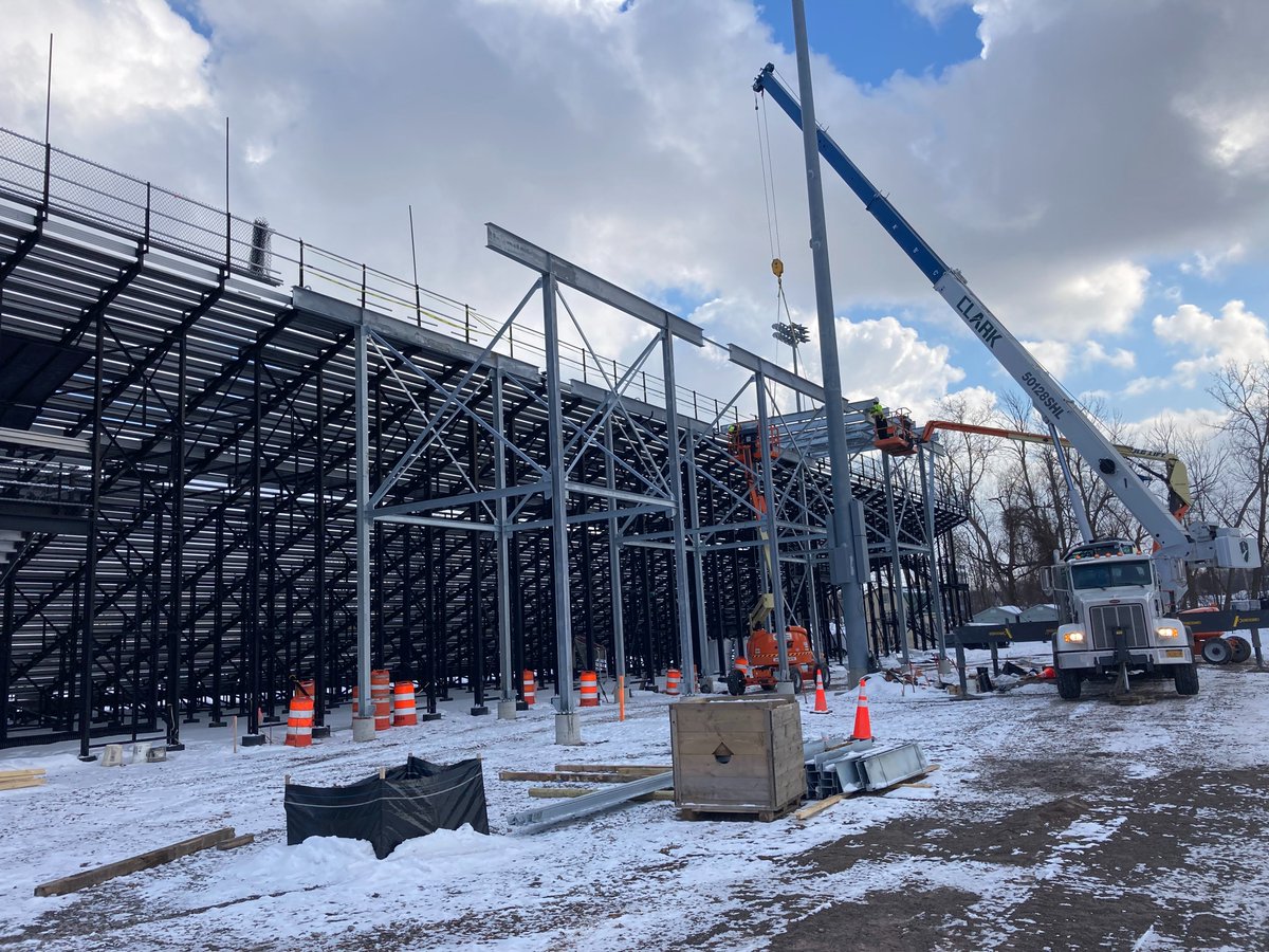Blue skies. Blue snow. Blue STEEL.

Steel beams were installed today in preparation for <a href="/bportathletics/">Brockport Athletics</a>' new press box! 

<a href="/brockport/">SUNY Brockport</a> #construction #workinprogress