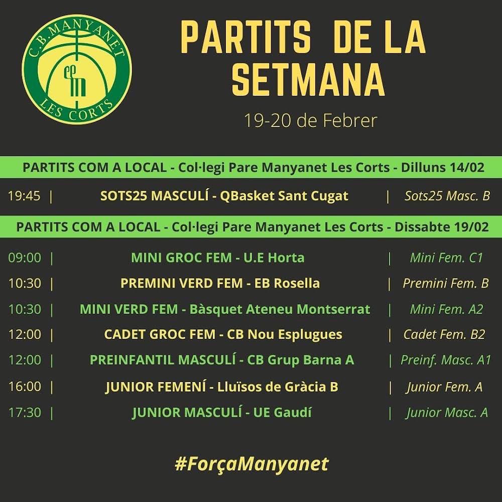 CBManyanet's tweet image. 📅Jornada del 19/20 de Febrer

➡️ Segon partit de la primera bombolla per als equips de Promoció
➡️ Dissabte complet al pati
➡️ 21 partits al llarg de jornada on defensarem el verd-i-groc

#ForçaManyanet 💚💛