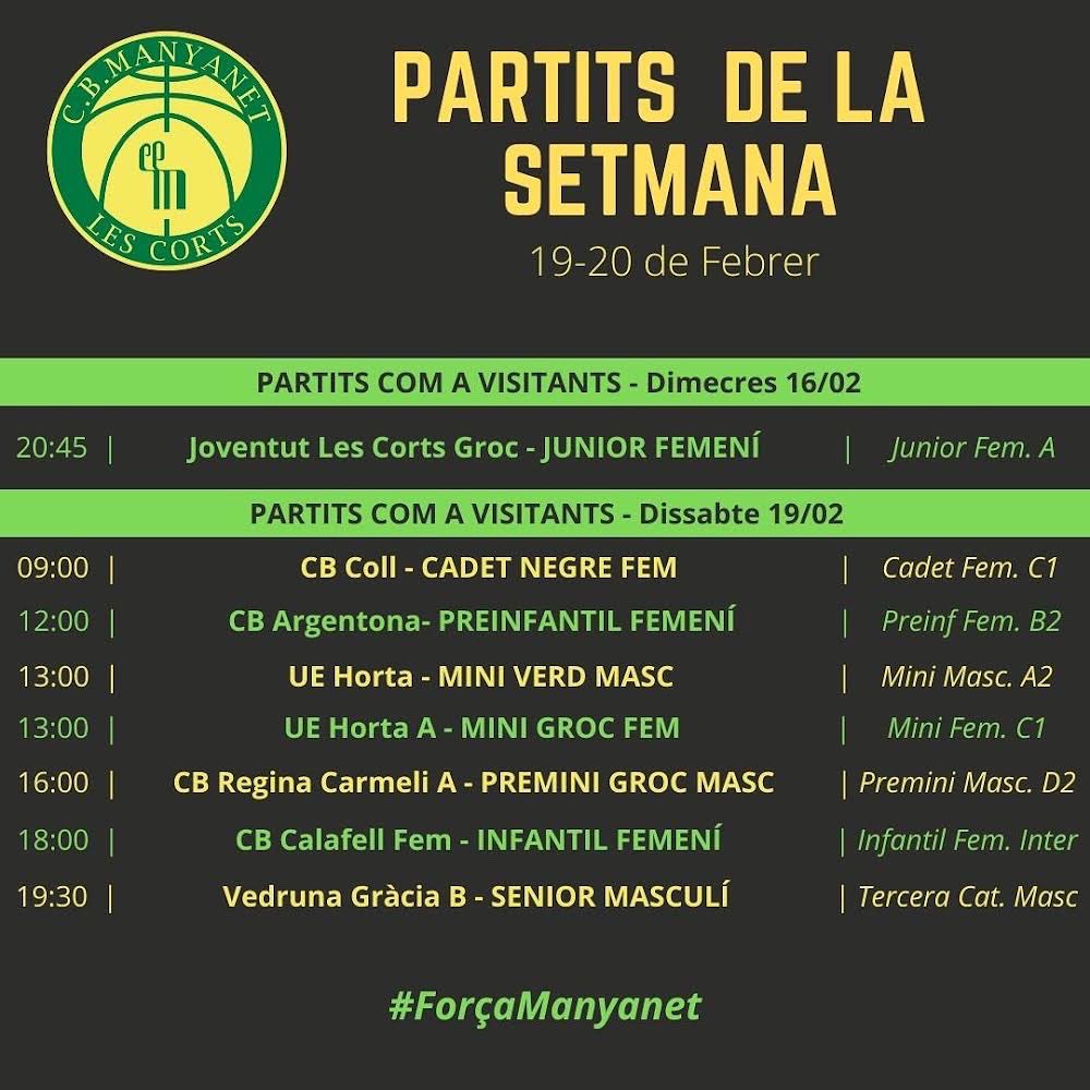 CBManyanet's tweet image. 📅Jornada del 19/20 de Febrer

➡️ Segon partit de la primera bombolla per als equips de Promoció
➡️ Dissabte complet al pati
➡️ 21 partits al llarg de jornada on defensarem el verd-i-groc

#ForçaManyanet 💚💛