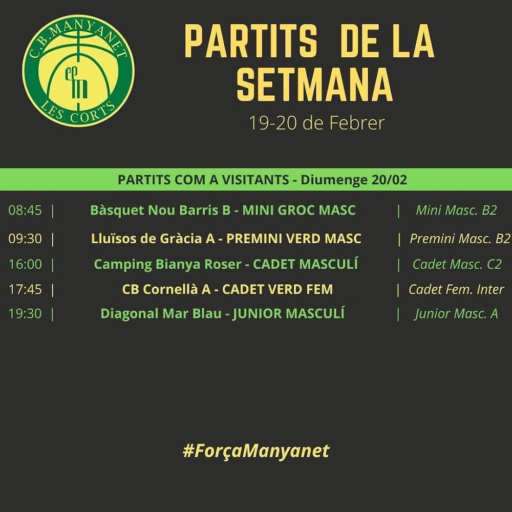CBManyanet's tweet image. 📅Jornada del 19/20 de Febrer

➡️ Segon partit de la primera bombolla per als equips de Promoció
➡️ Dissabte complet al pati
➡️ 21 partits al llarg de jornada on defensarem el verd-i-groc

#ForçaManyanet 💚💛