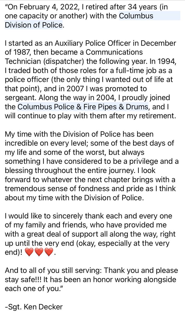 CPDRecruitment's tweet photo. RECRUITMENT to RETIREMENT: Sgt. Ken Decker💙

“On February 4, 2022, I retired after 34 years with @ColumbusPolice. 

I started as an Auxiliary Police Officer in December of 1987, then became a Communications Technician (dispatcher) the following year…”

#recruitment #retirement https://t.co/RrpsoFD9r1
