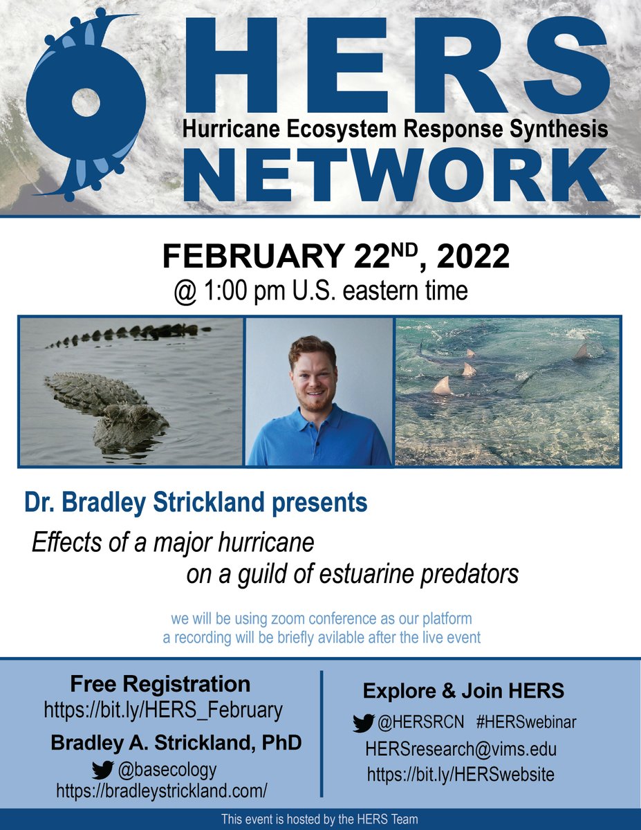 HersRcn's tweet photo. Please join us Feb 22ndfor our webinar  with Dr. Bradley Strickland @basecology presenting 'Effects of a major hurricane on a guild of estuarine predators' - 🦈🐬🐊🐟Sign up &amp; more info Here - https://t.co/XyhqVAwHNv   #HERSresearch https://t.co/845wifChyT