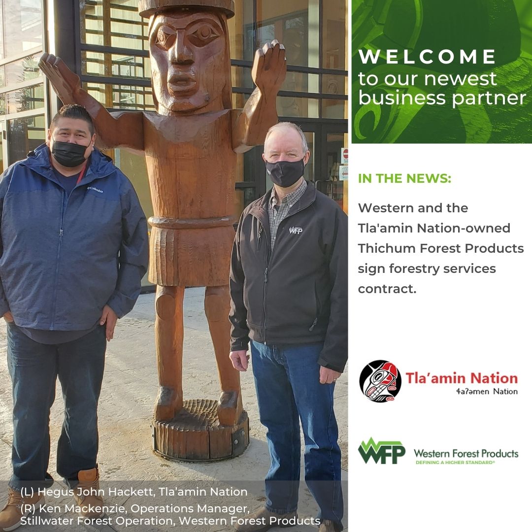 WFPCompany's tweet photo. MEDIA RELEASE: https://t.co/LMDeqFvV6E
A new contract builds on the Renewal Agreement between Western and the @TlaaminNation. #ThichumForest is a welcome addition to our local contractors, as they share our commitment to the highest standards. 
#reconciliationthroughpartnerships https://t.co/Rw1CG5PzWo