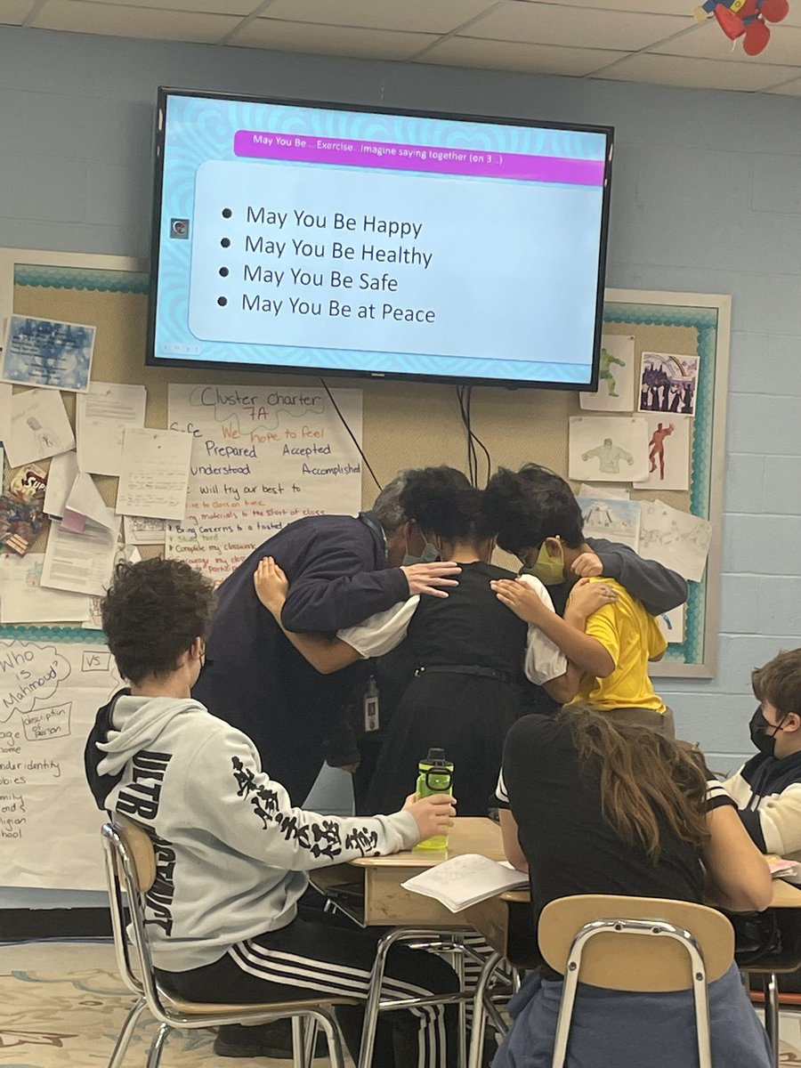 writingheroes's tweet photo. Grade 7 writers huddle up with Mr. Salvador and lead our kindness meditation. May you be happy. May you be healthy. May you be safe. May you be at peace. https://t.co/UJoNIgenLT