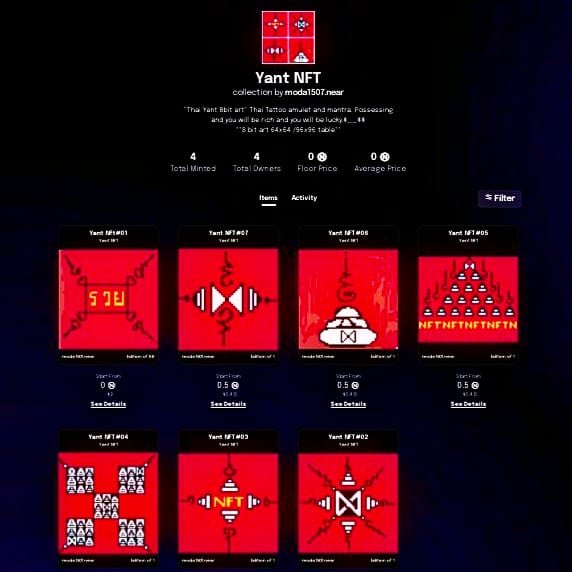 "Thai Yant 8bit art" Thai Tattoo amulet and mantra. Possessing and you will be rich and you will be lucky.มงคลเป๋าNFT..555+..$__$$
**งาน 8 bit art 64x64 /96x96 table**
**Free drop 1 card !!!*
<a href="/NEARProtocol/">NEAR Protocol</a> @ParasHQ <a href="/nftpunk/">NFT Punk</a>  #PARASnft 
paras.id/collection/yan…