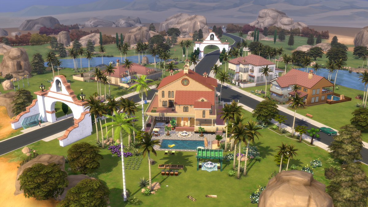 SimmplyShelli's tweet photo. The Skyward Palms neighborhood in Oasis Springs is complete. Home to the Caliente and Abbiza families, there is also a rental home and Rio Verde Active Living for retired Sims. #ShowUsYourBuilds #SimCreatorsCommunity (See descriptions for detailed information.) @SimsCreatorsCom https://t.co/lMMm4jmDhC