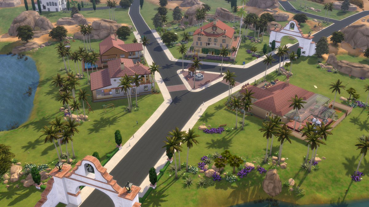 SimmplyShelli's tweet photo. The Skyward Palms neighborhood in Oasis Springs is complete. Home to the Caliente and Abbiza families, there is also a rental home and Rio Verde Active Living for retired Sims. #ShowUsYourBuilds #SimCreatorsCommunity (See descriptions for detailed information.) @SimsCreatorsCom https://t.co/lMMm4jmDhC