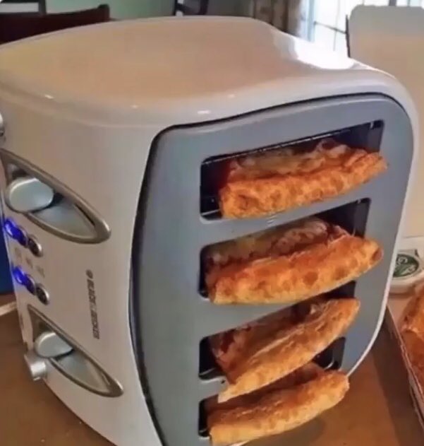 My mate’s just sent me this and told me that apparently you can reheat pizza by turning your toaster on it’s side ! 

You’re welcome 😉