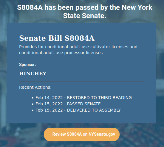 The conditional cultivator bill has passed the NY Senate! Thank you to <a href="/SenatorHinchey/">Senator Michelle Hinchey</a> for carrying the bill on behalf of the many small and midscale hemp farmers who are shovel (and plow, and cultivator) ready to make the transition into adult-use cannabis.