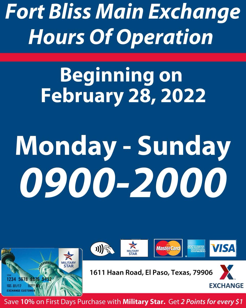 FYI: The Exchange will be changing their hours of operation beginning 2/28 to 0900- 2000. 
.
.
.
#FreedomCrossingAtFortBliss #FortBliss #FortBlissTexas #ShopFortBliss #TheExchange