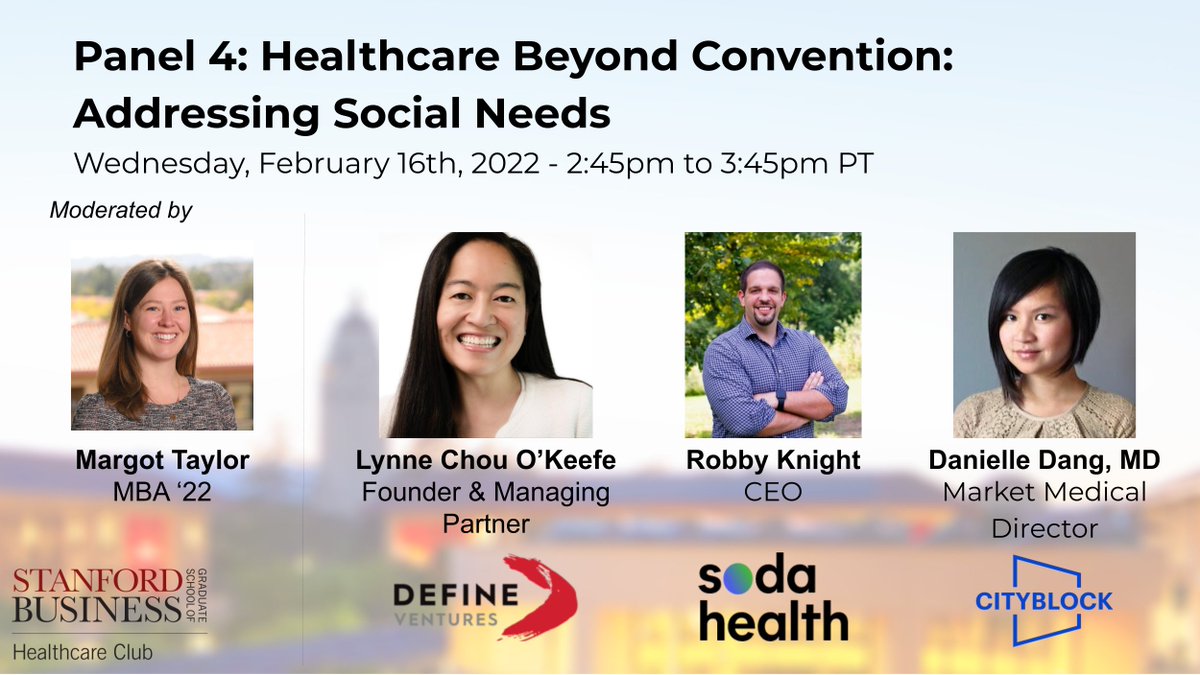 GSBHCC's tweet photo. Our 4th panel is Healthcare Beyond Convention: Addressing Social Needs ft. Lynne Chou O'Keefe of @definevc, Robby Knight of Soda Health, and Dr. Danielle Dang of @cityblockhealth. We all know the importance of SDoH, the challenge is building strong business models #gsbhcc2022 https://t.co/ijjCNzuCxu