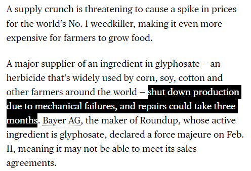 TheStalwart's tweet photo. Oh man, it just keeps coming...
Now there's going to be a shortage of an important weed killer used in growing food, due to a mechanical issue at a plant that could take three months to repair. https://t.co/6d8QquueAs https://t.co/H7hFT9hvzx