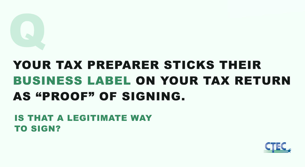 CATaxEdCouncil's tweet photo. This is a growing problem @CalFTB enforcement is seeing. The issue? The copy filed doesn't have a label so it looks like you did all the work. And there's usually a fraudulent reason for that. 

Legal tax pros will sign. By name. Because it's law. #taxpayerbeware #TaxTipTuesday https://t.co/GspN7ZRXEr