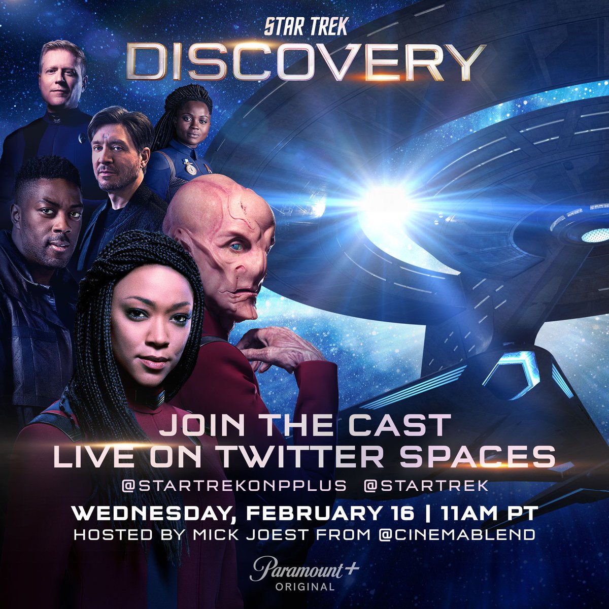 Mick Joest (@g33kymick) on Twitter photo We are less than 24 hours away from my chat with the #startrekdiscovery cast! Last call for any questions, comments, concerns, and a reminder to follow <a href="/StarTrekOnPPlus/">Star Trek on Paramount+</a> and <a href="/CinemaBlend/">CinemaBlend</a> so you’ll see the Spaces event at 11:00 am PT! We are less than 24 hours away from my chat with the #startrekdiscovery cast! Last call for any questions, comments, concerns, and a reminder to follow <a href="/StarTrekOnPPlus/">Star Trek on Paramount+</a> and <a href="/CinemaBlend/">CinemaBlend</a> so you’ll see the Spaces event at 11:00 am PT!