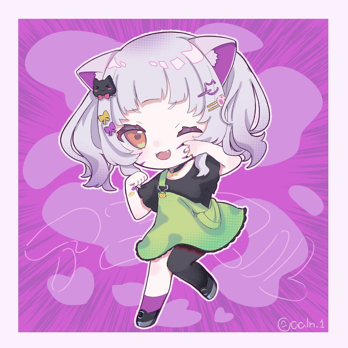1girl solo animal ears one eye closed chibi cat ears grey hair  illustration images