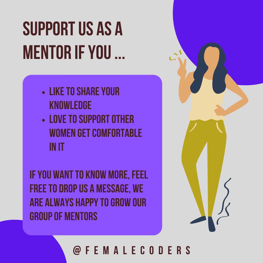 We are always happy to grow our #group of #mentors! Feel free to reach out if you like #sharing your #knowledge around IT, would like to hold a session, or help us in organizing our workshop days or study groups? 

#bettertogether #themorethemerrier #femalecoders #volunteerwork