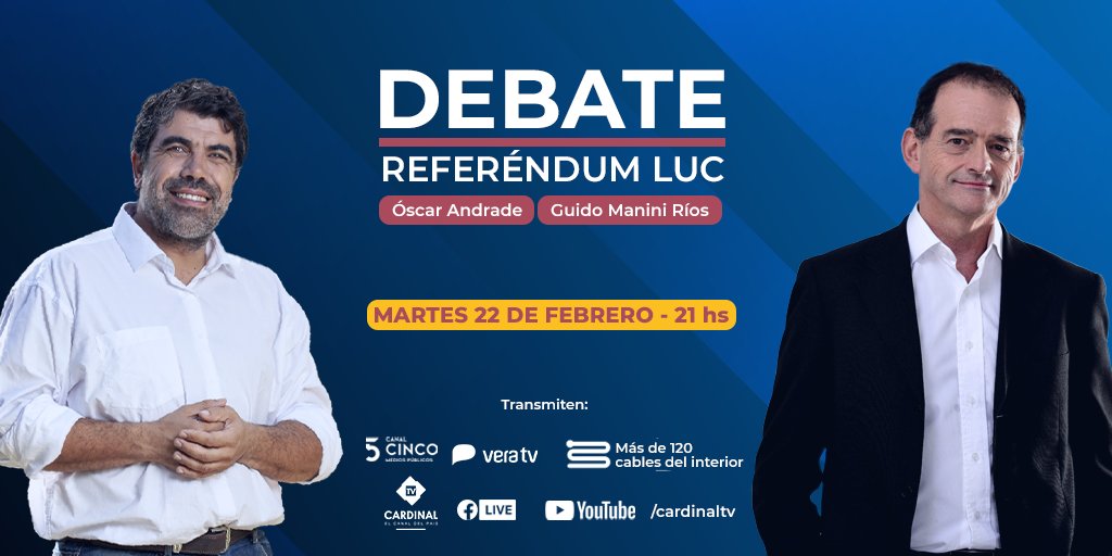 Martes 22 febrero 21:00 h en el <a href="/CCIFda/">Centro Comercial e Industrial de Florida</a> de Florida debate por la LUC entre los Senadores <a href="/GuidoManiniRios/">Gral. Guido Manini</a> y <a href="/Oandradelallana/">Óscar Andrade</a>.
Transmiten <a href="/5noticiasuy/">Noticias 5</a> , VeraTV, Cardinal TV, más de 100 canales del interior y entre ellos nuestro TVFlorida y radio <a href="/fmflorida89_3/">FMFlorida89.3</a>.
Organiza <a href="/CUTAUY/">CUTA</a>.