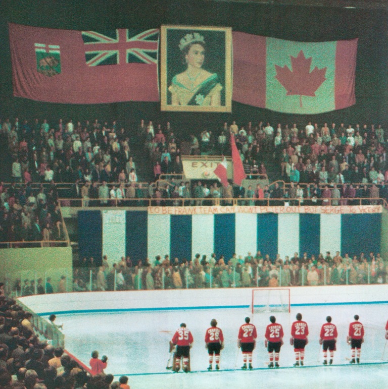 Canada's flag and Canada's monarch! 
Canada-USSR hockey game, 1972.  Happy flag day, Canada.  

#canadaflagday  #vexillology  #canadianism