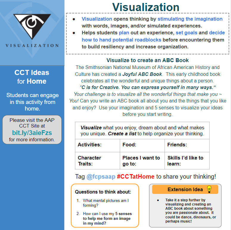 FCPS AAP (@fcpsaap) on Twitter photo Let's visualize and create an ABC book about YOU! <a href="/NMAAHC/">Smithsonian’s NMAAHC</a> created a booklet for younger learners called The Joyful ABC book, which can be found here: s.si.edu/3JsQrnt
The booklet celebrates all of the unique character traits that can be a part of our identity. #CCTatHome Let's visualize and create an ABC book about YOU! <a href="/NMAAHC/">Smithsonian’s NMAAHC</a> created a booklet for younger learners called The Joyful ABC book, which can be found here: s.si.edu/3JsQrnt
The booklet celebrates all of the unique character traits that can be a part of our identity. #CCTatHome
