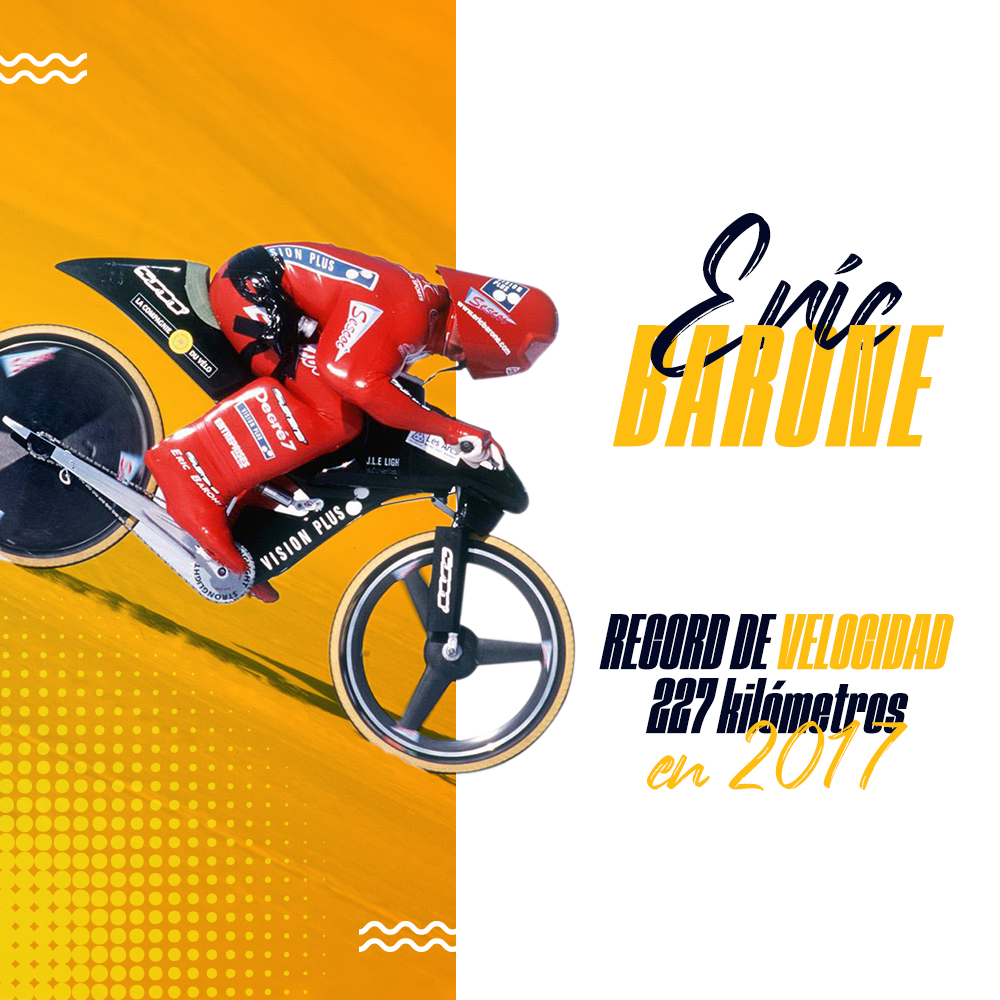 Éric Barone es un atleta francés quien batió  el récord mundial de velocidad en bicicleta.🌍🚲 En montaña nevada, su marca es de 223,3 km y  en tierra es de 172 km 💥🔥💥