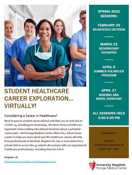 Interested in a career in healthcare? Register to meet virtually with a UH professional to learn more about these great careers!! Registration information is on the flyer.