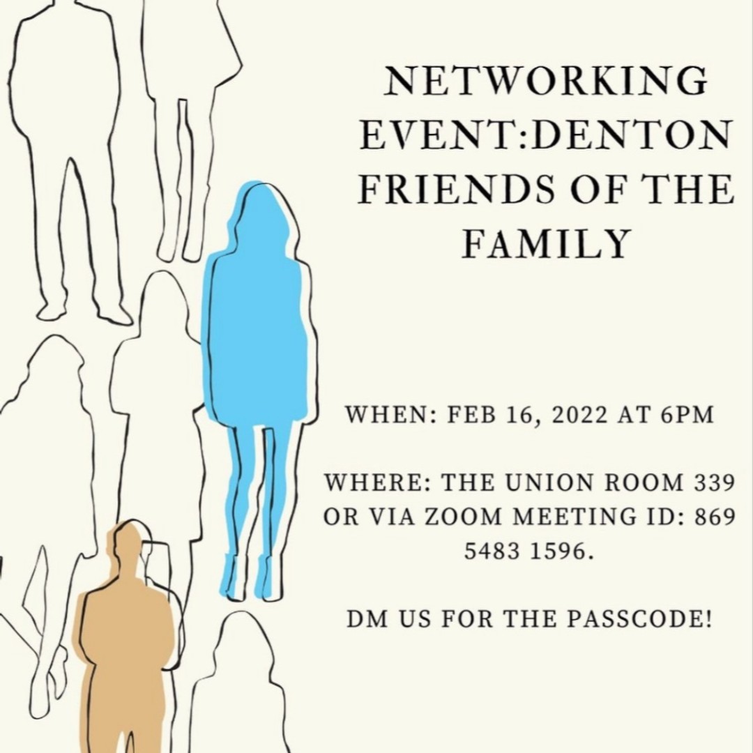 np_unt's tweet photo. Join us at this networking event with Denton Friends of the Family tomorrow 2/16 at 6pm! There will be pizza! Hope to see you there. #unt #unt23 #unt24 #untunion https://t.co/XfQILnBUgi