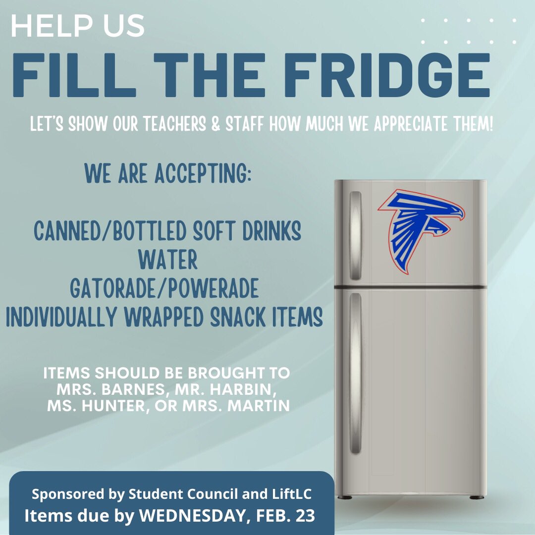 LCFalconsStuCo's tweet photo. Student Council and @lift_lc are partnering to show love and appreciation to our Faculty and Staff who work tirelessly everyday. Would you and your student(s) join in helping us? Donations may be brought to the teachers listed below. ❤️💙 #falconfamily https://t.co/h8dVzSmSPg