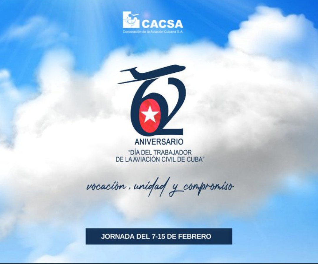 Los trabajadores de la Aviación Civil Cubana celebran este 15 de febrero su aniversario 62  ¡Muchas felicidades!
#VocaciónUnidadCompromiso.
#CubsVive
#PonleCorazón