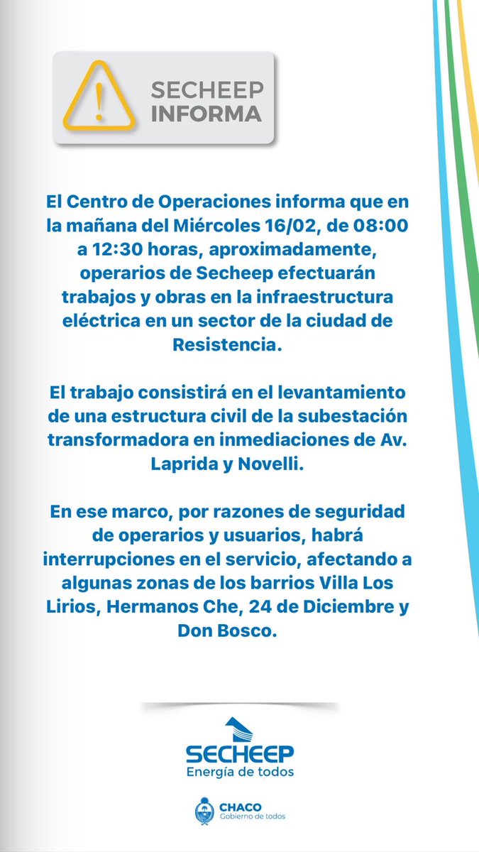 *RESISTENCIA*
⚡Este Miércoles 16/02, de 08:00 a 12:30 hs, operarios efectuarán trabajos en la infraestructura eléctrica.
⚡El trabajo consistirá en el levantamiento de una estructura civil de la subestación transformadora en inmediaciones de avenida Laprida y Novelli... (sigue)