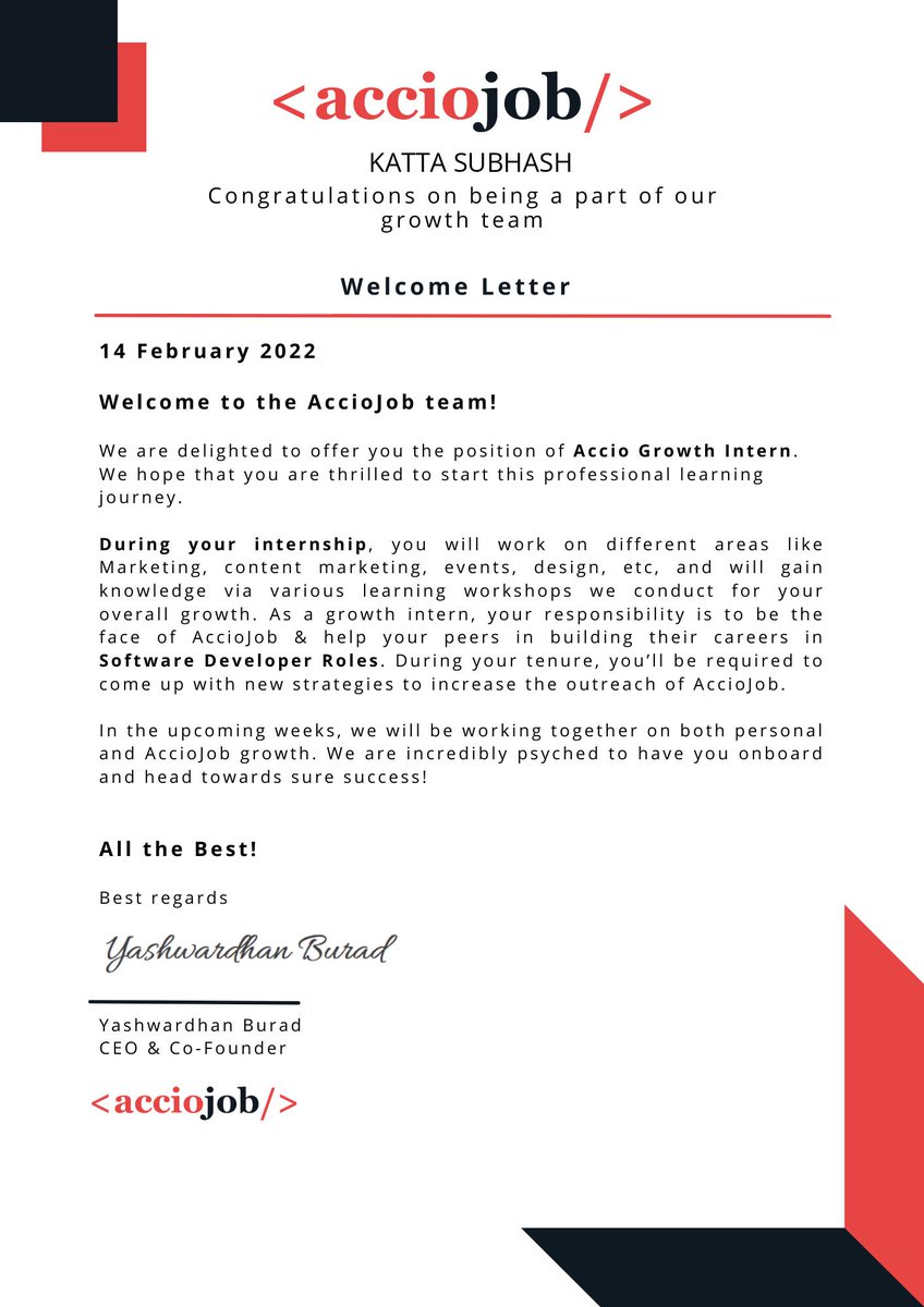Subhash22773997's tweet photo. @Acciojob_ “Hey,

I'm super excited to share that I've joined the AccioJob as the Accio Growth intern.

Want to be a part of this exciting internship journey? Join us on a mission to learn, grow and change the lives of thousands—> link to apply: https://t.co/LHuEGJW4dV” https://t.co/KXX0lIMJd8