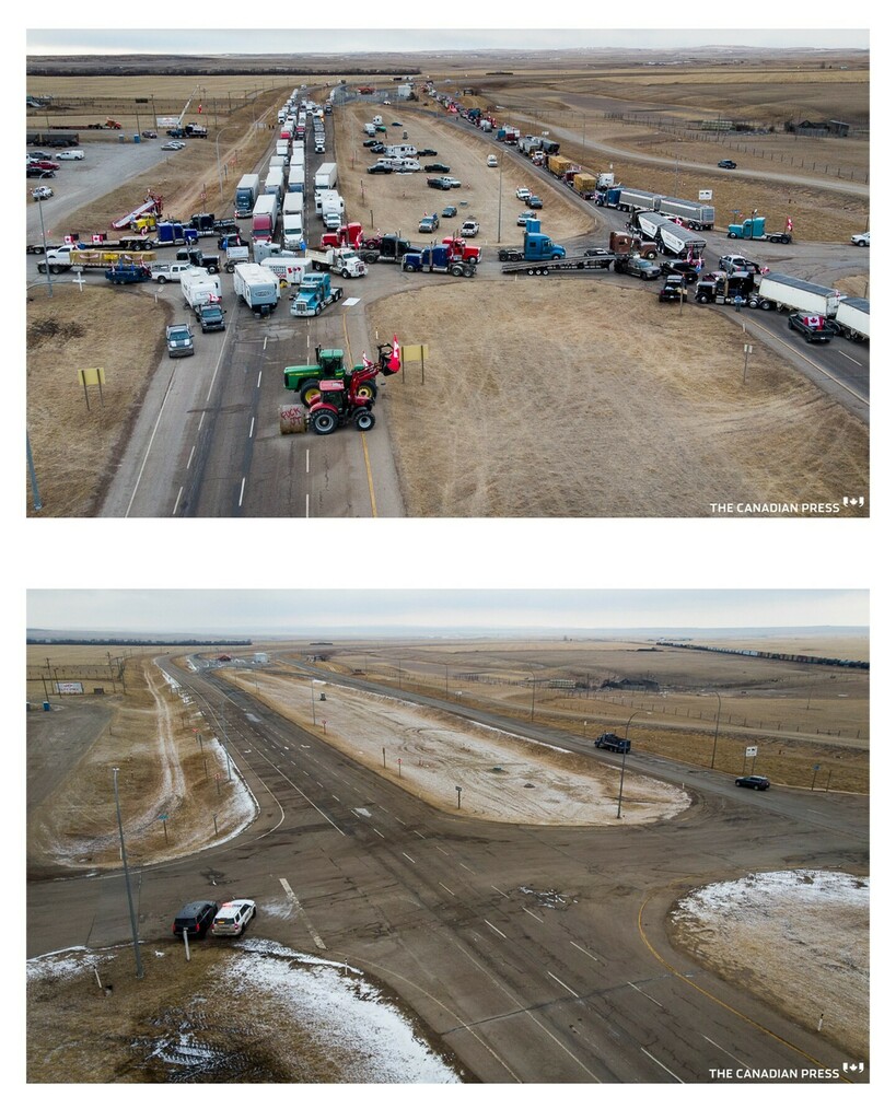 Glad that's over....

Anti-COVID-19 vaccine mandate demonstrators have left in a truck convoy after blocking the highway at the busy U.S. border crossing in Coutts, Alta., Tuesday, Feb. 15, 2022.THE CANADIAN PRESS/Jeff McIntosh
.
.
.
.
.
#alberta #protes… instagr.am/p/CaBU2-7Lzil/