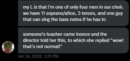 MusiciansLosing's tweet image. I feel this 😭 my choir has like 15 basses and 4 tenors.... 2 of which can't even hit the notes
