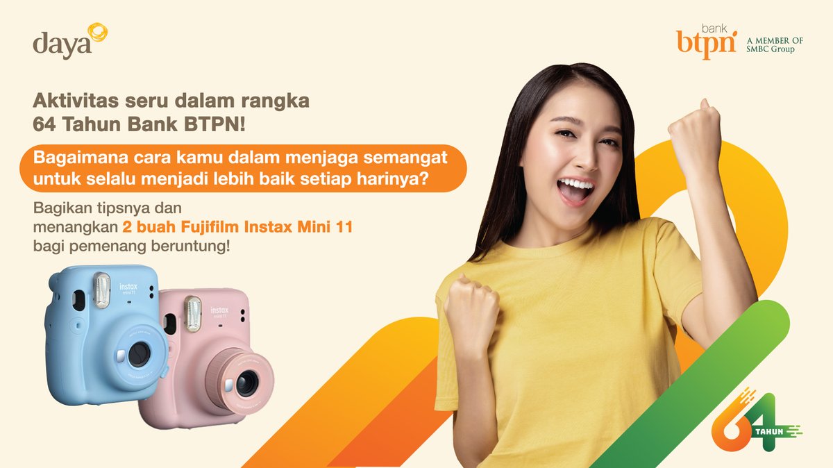 smbc_indonesia's tweet photo. Ikutan aktivitas seru 64 Tahun Bank BTPN, yuk!

Ceritakan di kolom reply tentang bagaimana cara kamu dalam menjaga semangat untuk menjadi lebih baik setiap harinya? https://t.co/sI3tiDr227