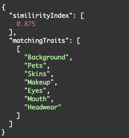 Nftstatsly's tweet photo. Find the items most similar in a collection using NFTStats similarity index
https://t.co/DYHId86OJc
Check @TheBeeings two most similar tokens similarity index query results (1 trait out of 8 is different with 0.875 similarity). The collection has an average similarity of 0.2479 https://t.co/wmJ5Uwjz89