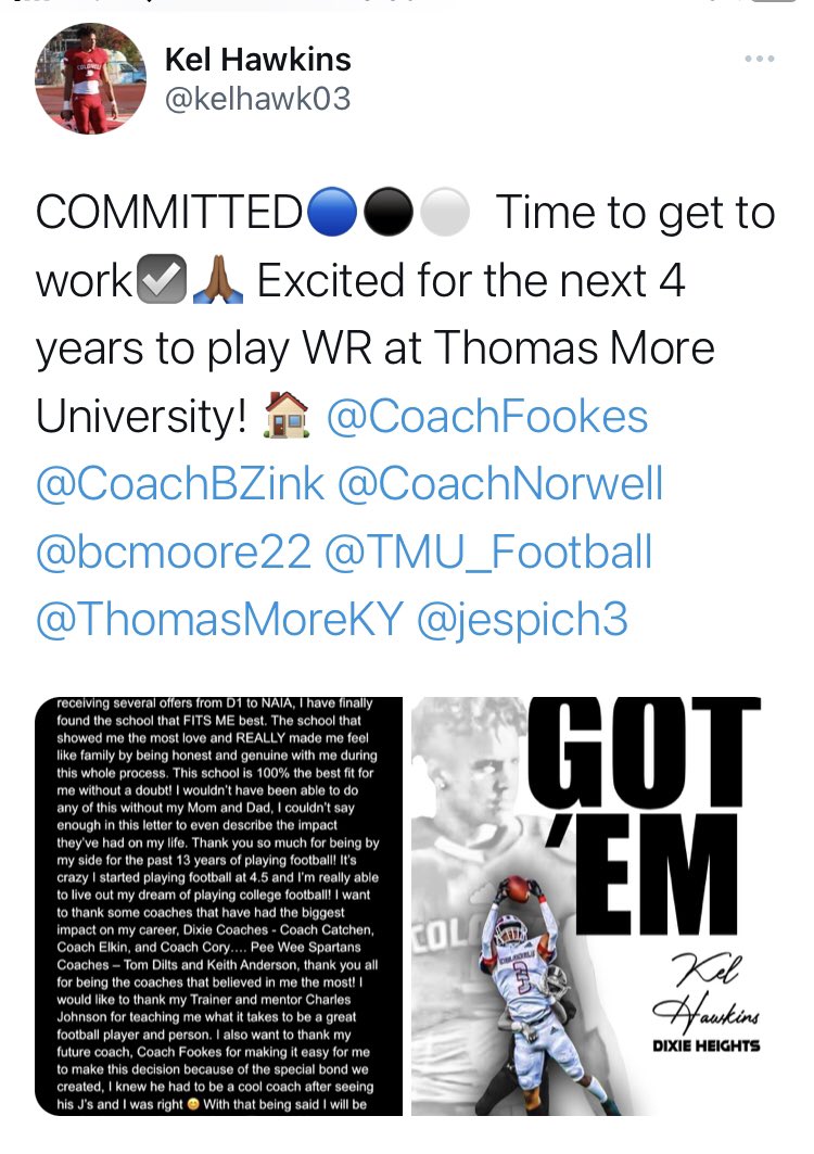 Shane Elkin (@shaneelkin48) on Twitter photo Couldn’t be more excited about two of my standout players committing to play football for <a href="/TMU_Football/">Thomas More Football</a>. Congratulations <a href="/ColinSmith04/">Colin Smith</a> and <a href="/kelhawk03/">Kel Hawkins</a> make <a href="/DixieHeightsHS/">Dixie Heights High School</a> proud! Couldn’t be more excited about two of my standout players committing to play football for <a href="/TMU_Football/">Thomas More Football</a>. Congratulations <a href="/ColinSmith04/">Colin Smith</a> and <a href="/kelhawk03/">Kel Hawkins</a> make <a href="/DixieHeightsHS/">Dixie Heights High School</a> proud!