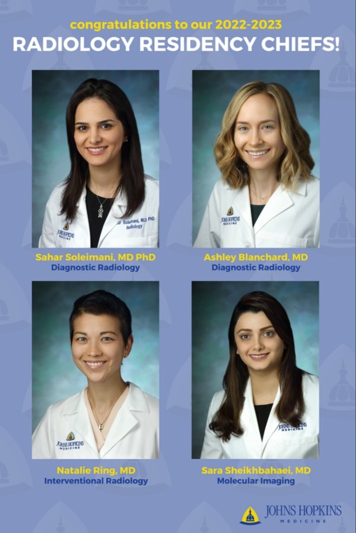 KatarzynaMacura's tweet photo. For the 1st time, there will be ALL women serving as Chief Residents @Hopkins_Rad Congratulations 👏 👏 👏👏 @SoleimaniSahar Dr. Blanchard @NatalieRingMD @SaraSheikhbahai  #radres @liljasolnes #RadXX @AAWR_org #WomenInRadiology @HopkinsMedicine @RadiologyChicks @MarylandRads https://t.co/WsDlu23ugc