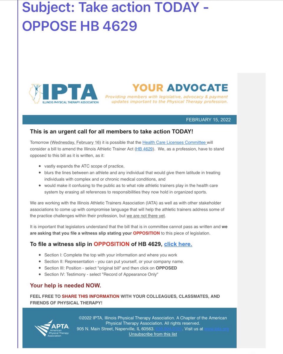 Bill_Dill4's tweet photo. So much for the joint policy statement that the American Physical Therapy Association (APTA) and @NATA1950 signed. IPTA says “we as a profession must stand opposed to this bill”. Never mind that many of the surrounding states have made similar changes! @mnhopper1s https://t.co/9LXJrkl0QL