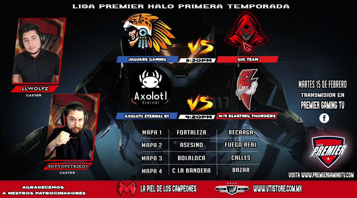 PremierGamingTV's tweet photo. Torneo de #HaloInfinite en los 🎙️🔥
@TioDissel Y @llwolfz_
@TeeGamingOrg vs @GoatCrewEsports
por nuestros canales de Twitch y YouTube
@JaguarsMX_HCS vs #GULTEAM
@AxolotlEternal vs #BlastingThunders
Por nuestros canales de Facebook
Patrocinadores
@vtistore
@TeeGamingOrg https://t.co/atfc6WyY3s