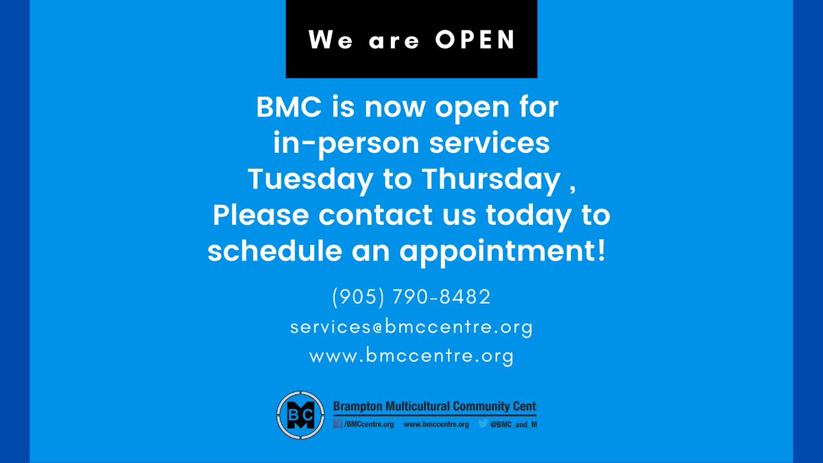 BMC_and_MCS's tweet image. BMC is now open for in-person services from Tuesday to Thursday, if you would like to book an appointment please give us a call at 905-790-8482 or email us at services@bmccentre.org. We hope to see you in our offices soon!

#BMC #BramptonMulticulturalCommunityCentre #Reopening