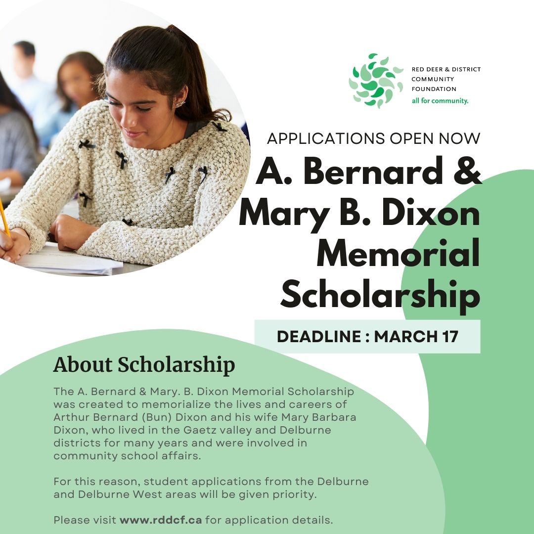 RDCommunityFdn's tweet photo. The A. Bernard &amp; Mary. B. Dixon Memorial Scholarship was created to memorialize the lives and careers of Arthur Bernard (Bun) Dixon and his wife Mary Barbara Dixon, who lived in the Gaetz valley and Delburne districts for many years.  Deadline: March 17

https://t.co/zVFuawxdXp https://t.co/U4T2x1T9mb