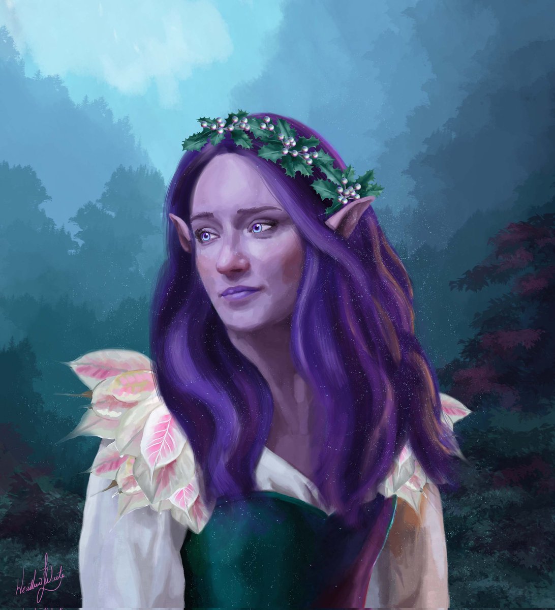 HeatherWaite8's tweet photo. Original character commission. This spore druid winter eladrin was a pure joy to paint. I love her color palette and her helpful and shy demeanor. 
#characterart #dnd5e https://t.co/aIbwjXuKca