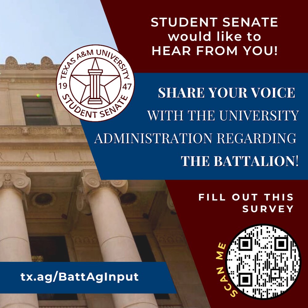 tamusenate's tweet photo. Do you want to share YOUR VOICE with univeristy administration regarding the Battalion? 

Student Senate wants to hear from YOU! 

Fill out the https://t.co/fo7YfR3Dzs form, so Student Senate can collect data on student opinion &amp; share YOUR VOICE directly with administration. https://t.co/DELwDx2iPp
