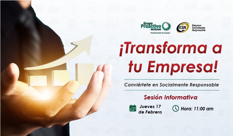 GrupoProactivo's tweet photo. 🌟 ¡Conviértete en Socialmente Responsable! ⭐️

❇️ Acompáñanos a la Sesión Informativa y transforma a tu empresa. 

❇️ Regístrate en este link: https://t.co/TeSsFsUqq5

¡Te esperamos el Jueves 17 de Febrero a las 11:00 am. en Zoom! 🚨 Evento Gratuito…

#ESR #DistintivoESR https://t.co/k3yrlbRFrI