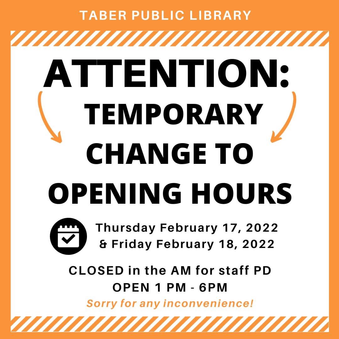 TaberLibrary's tweet photo. This week on Thursday &amp; Friday our staff will be attending a PD course. We will be closed in the morning and open at 1PM both days. 
 
Our theme for this training is community mental health and we look forward to this opportunity to continue to serve you even better! 
#TaberAB https://t.co/dqkWuo0wUU