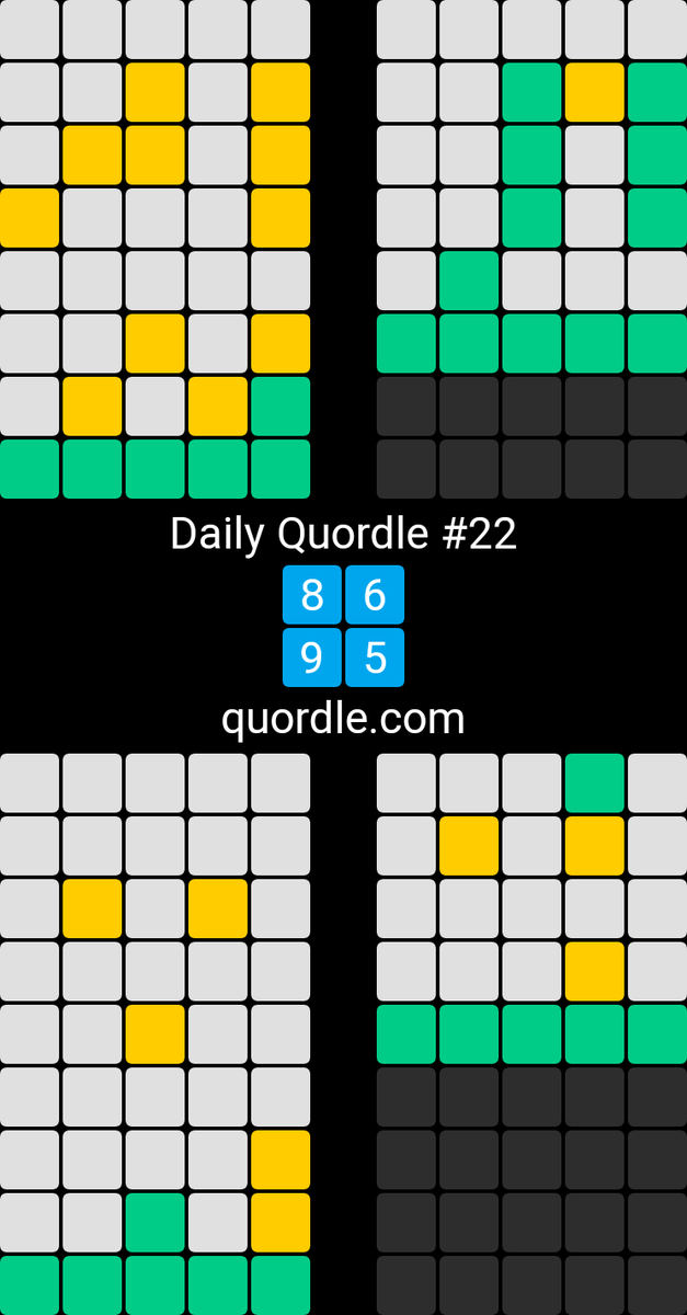 akshayl's tweet photo. Daily Quordle #22
8️⃣6️⃣
9️⃣5️⃣
https://t.co/DU49sD0Exh https://t.co/dt9u1umHZi
