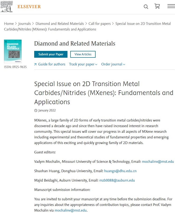 Guest editors Prof. <a href="/Shuohan_Huang/">Shuohan Huang</a> and Prof. Majid Beidaghi (<a href="/BeidaghiLab/">Beidaghi Lab</a>) invite you to submit your experimental/theoretical research or review in all areas of #MXene to ongoing special issue on #MXenes at Diamond and Related Materials (#DRM #Elsevier): journals.elsevier.com/diamond-and-re…