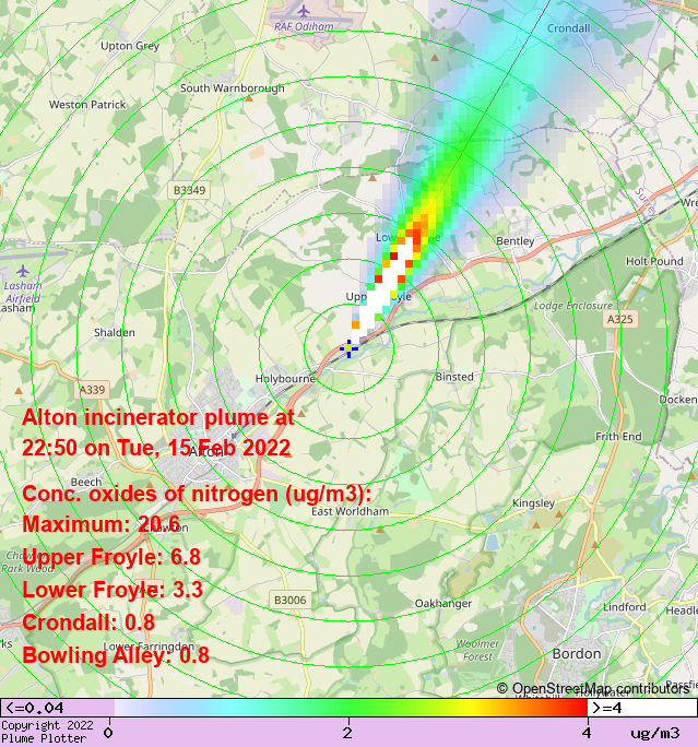 plumeplotter's tweet photo. Latest Alton incinerator plume plot, 22:50 15/02/22 #UpperFroyle #LowerFroyle #Crondall https://t.co/VMzYTwGnPN https://t.co/ZqWlFS0Xlb
