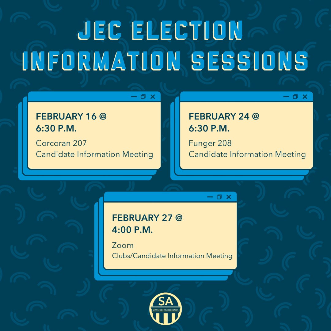 Interested in finding out more about this year's upcoming JEC election?? Come to one of these info sessions! First event is tomorrow at 6:30pm. See you there!