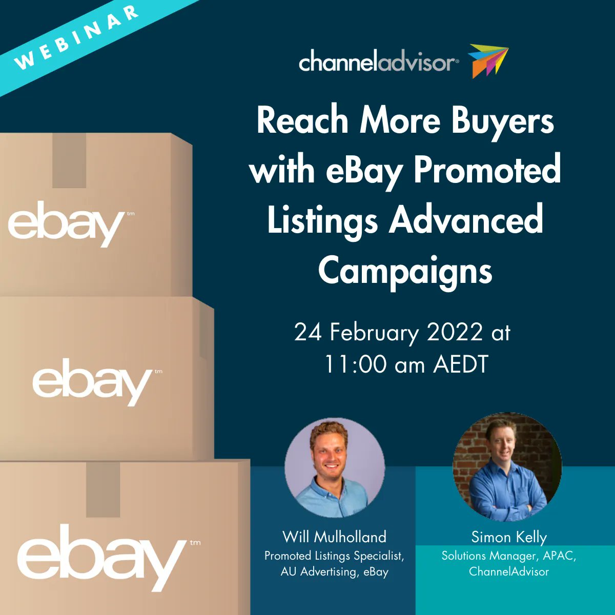 [New #Webinar] Join eBay’s Will Mulholland &amp; ChannelAdvisor's Simon Kelly as they discuss how Promoted Listings Advanced campaigns give you the high visibility you want and the control you need to increase sales on eBay in a cost-per-click model. Register: buff.ly/3Bo34x5
