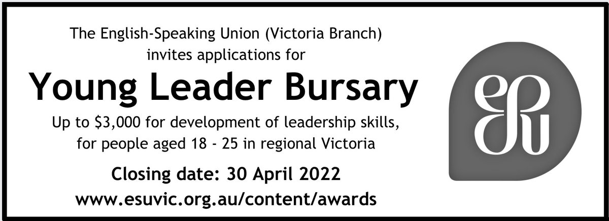 ESUVicBranch's tweet photo. Do you live in regional Victoria? Are you aged between 18 and 25? Would $3,000 help with your leadership development? If you can answer YES to those questions, our Young Leader Bursary may be relevant for you. Apply online by following this link: https://t.co/poMbXvDvOo https://t.co/I6PZE78VjH
